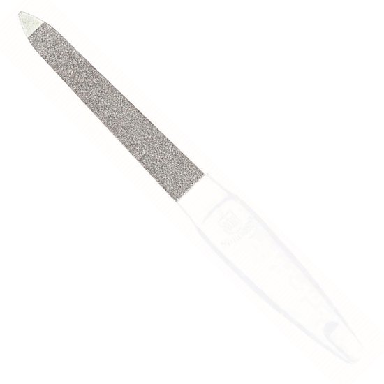 Een witte nagelvijl met een zilverkleurig, gekorreld vijloppervlak.