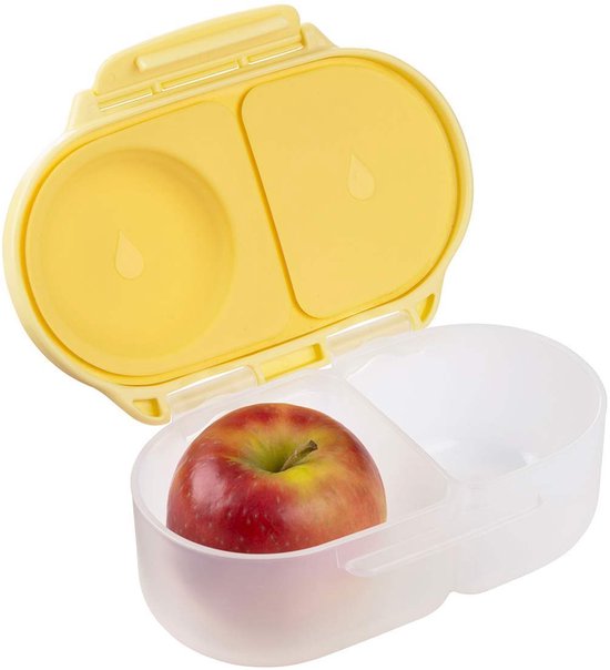 Boîte à goûter b.box jaune ouverte avec une pomme dans un compartiment.