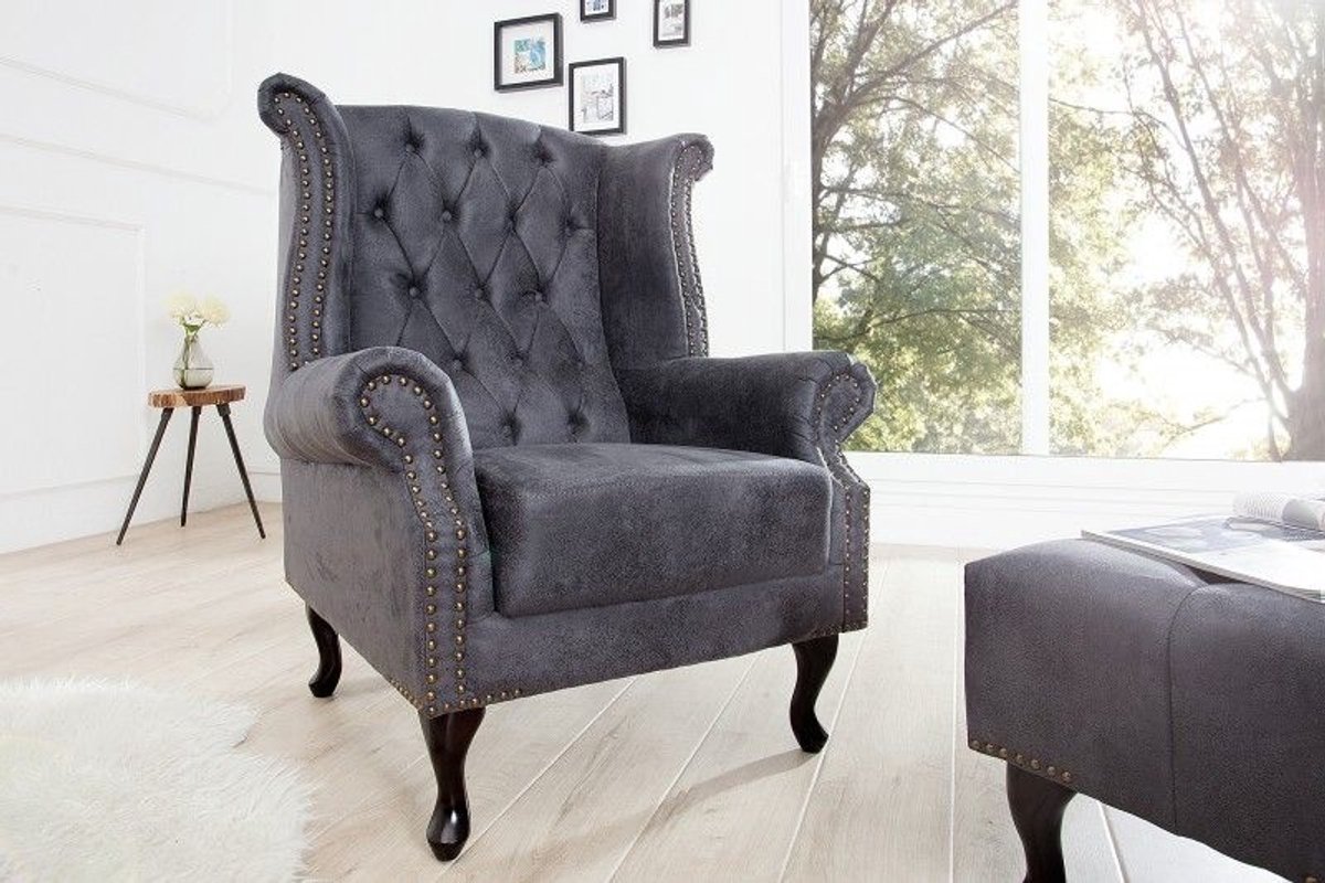 Chesterfield vleugelfauteuil antiekgrijs met knoopstiksel en veerkern - 37473