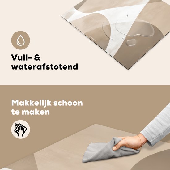 Vuil- en waterafstotende inductiebeschermer met abstract beige patroon, met tekst 'Makkelijk schoon te maken'.