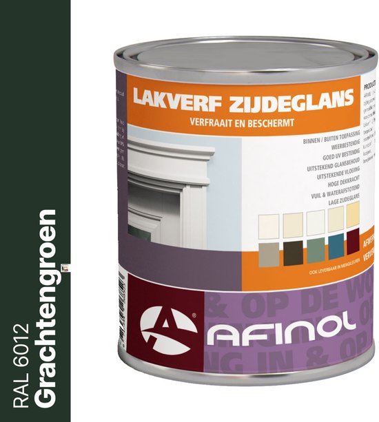Blik lakverf zijdeglans in de kleur Grachtengroen (RAL 6012). Met kleurenstaaltjes.
