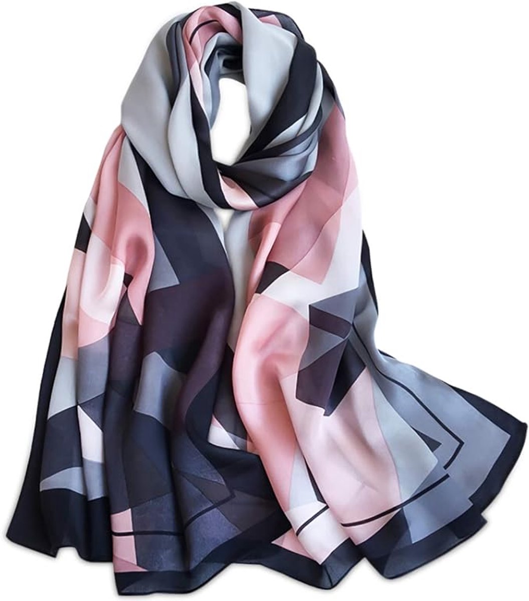 Zijden sjaal voor dames, warme en zachte zijden stof, herfst- en winterretroprint, geometrisch streeppatroon, zachte en warme lange hals, warme kleding, zonwerende sjaal het hele jaar door