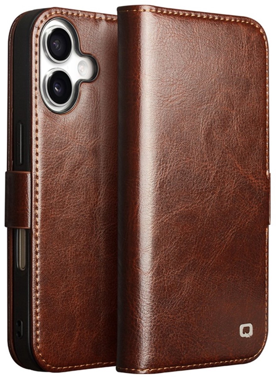 QIALINO Hoesje - Geschikt voor iPhone 17 Hoesje - QIALINO Genuine Leather Book Case - Echt Leder - Bruin