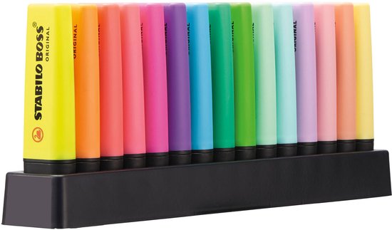 Zestien STABILO BOSS ORIGINAL markeerstiften in diverse kleuren, waaronder geel, oranje, roze, paars, blauw, groen en lichtgroen, in een zwarte display.