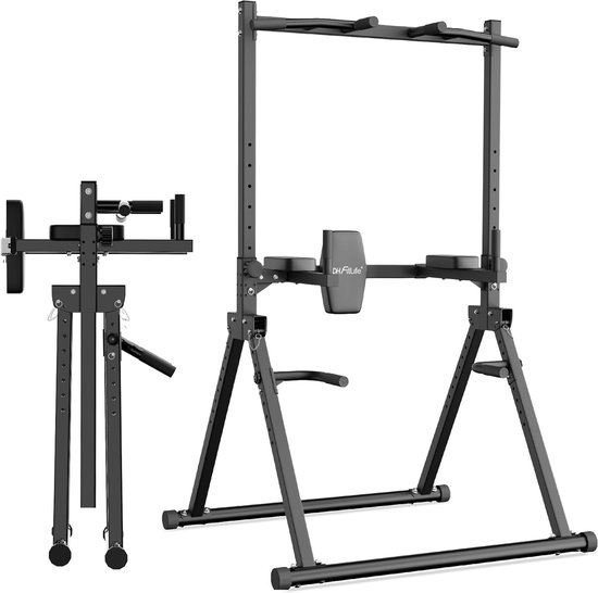 Zwarte, opvouwbare krachtstation in uitgestrekte en opgevouwen toestand. Pull-up stang, dip bars, en rugsteun zichtbaar.