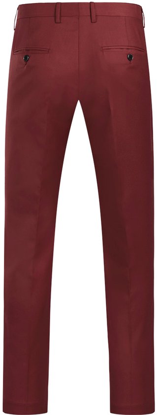 Donkerrode pantalon met twee achterzakken met knopen.