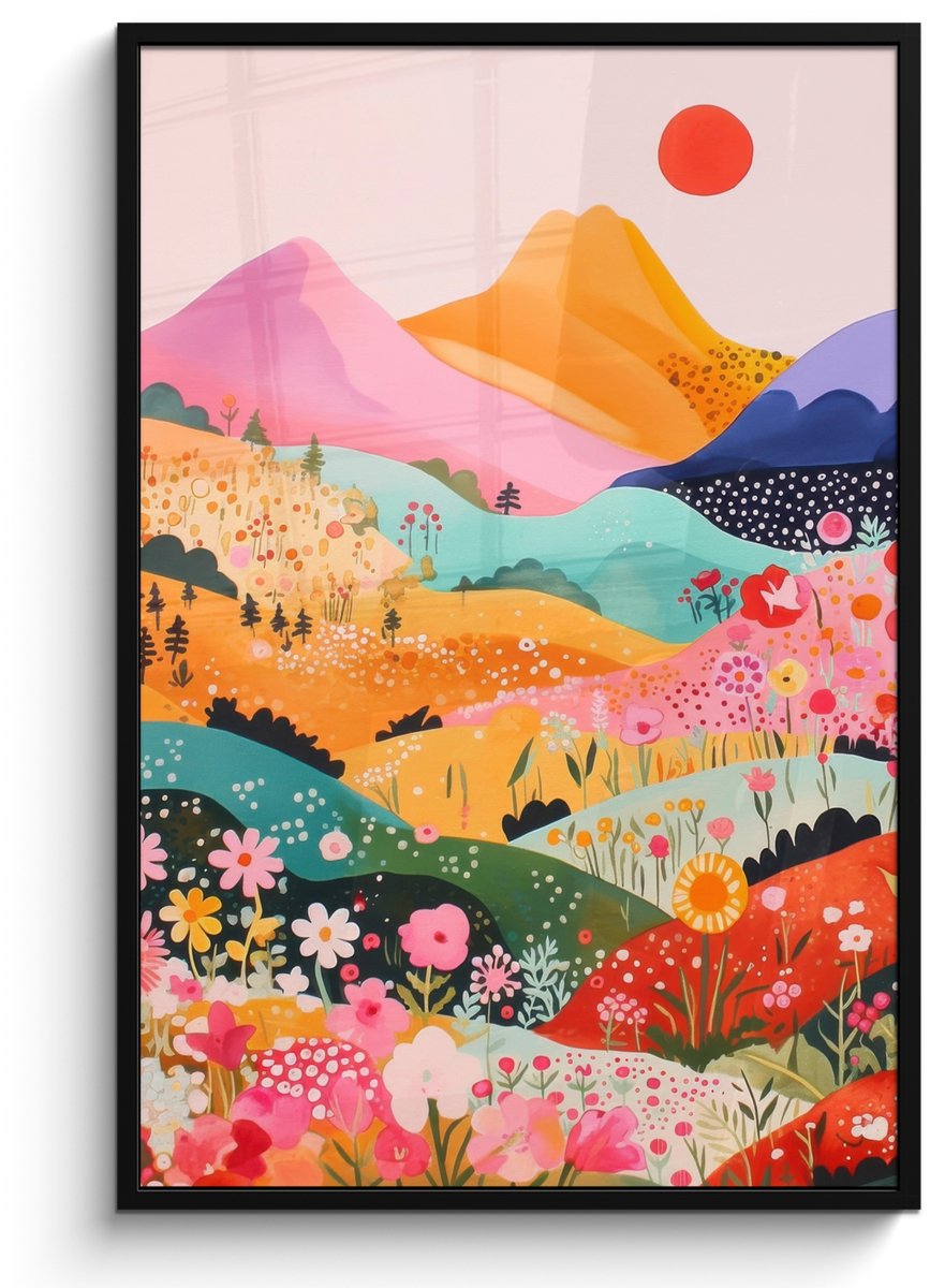 FrameYourWall Poster in lijst - Fotolijst 80x120 cm - Posters - Kleurrijke bloemen - Bergen - Fantasielandschap - Posterlijst zwart - Decoratie - Wanddecoratie woonkamer - Muurdecoratie slaapkamer Bloemen - Heuvels - Kleurrijk