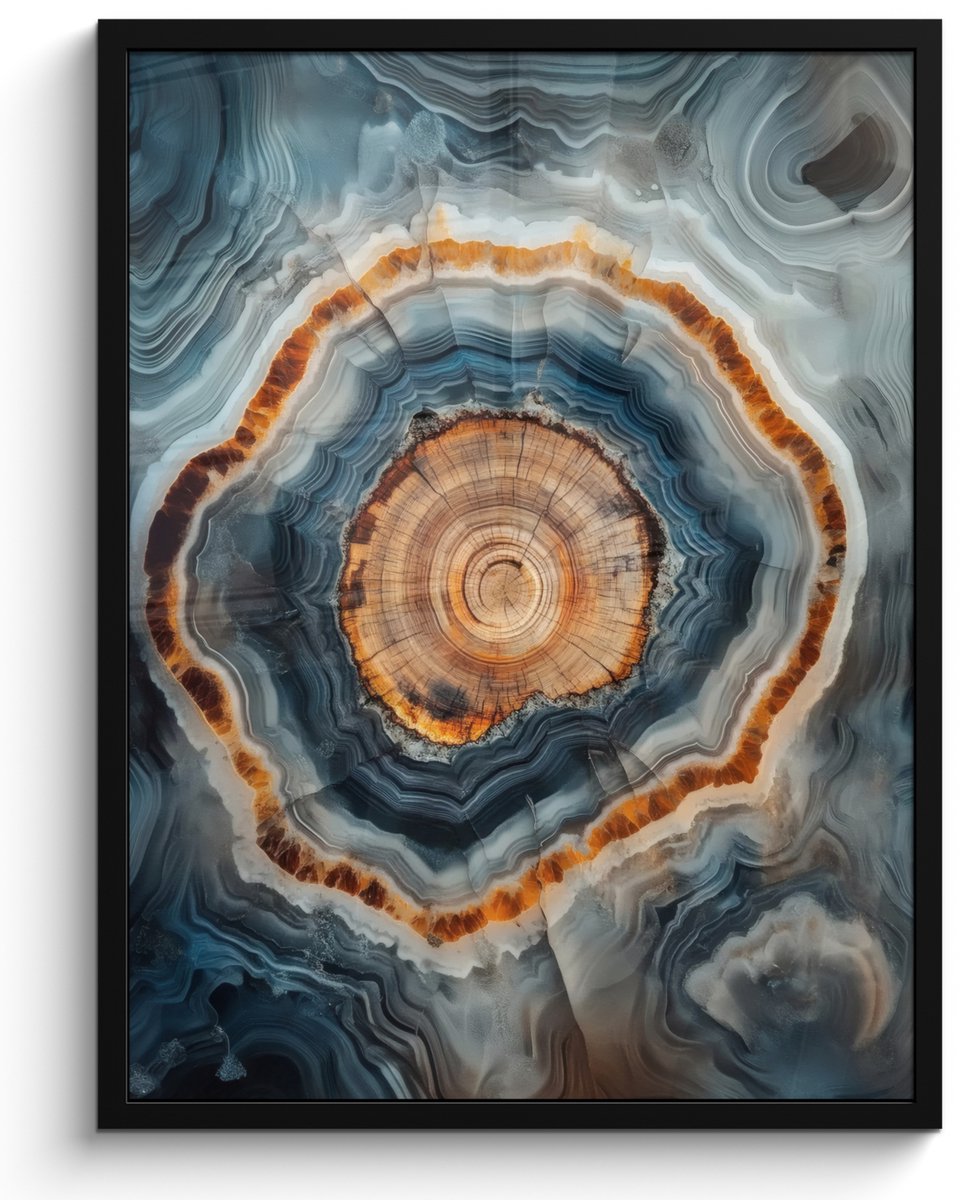 FrameYourWall Poster in lijst - Fotolijst 60x80 cm - Posters - Cirkel - Ringen - Steen - Tinten - Posterlijst zwart - Decoratie - Wanddecoratie woonkamer - Muurdecoratie slaapkamer