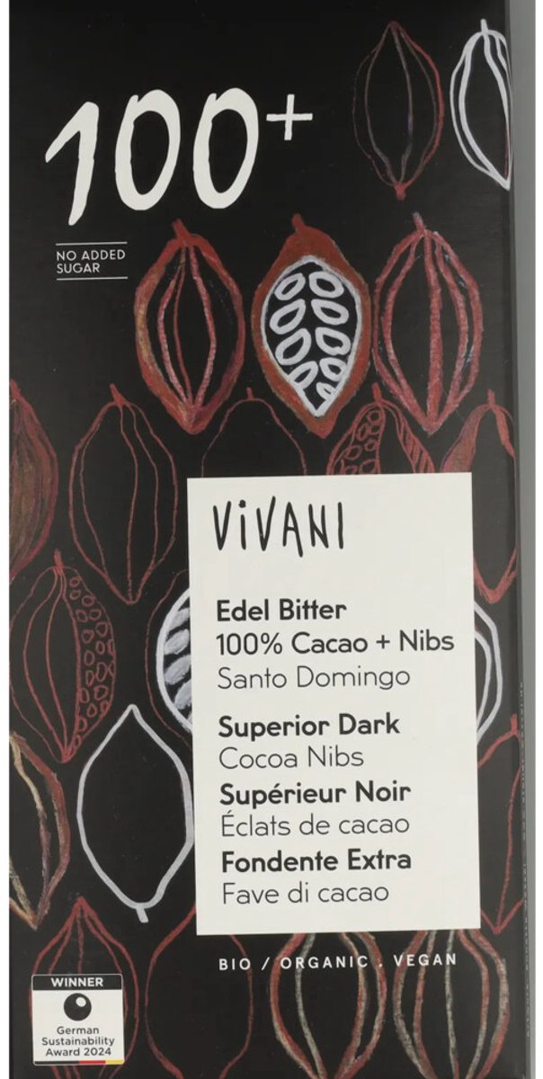 Vivani - Chocoladereep Puur 100+ % Cacao - 10 x 80 gr - Voordeelverpakking