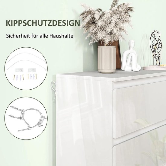 Detail van een witte ladekast met anti-kantelbeslag.