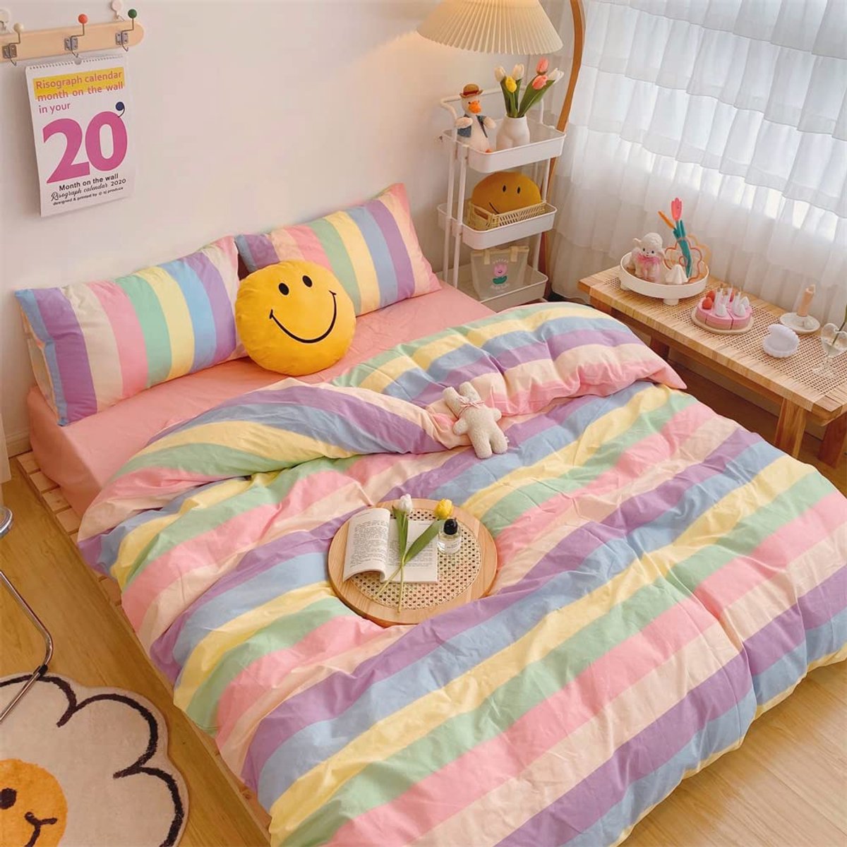Ibenzoa Kleurrijk Kinderbeddengoed met Regenboog Strepenpatroon en Kussensloop kleurijk