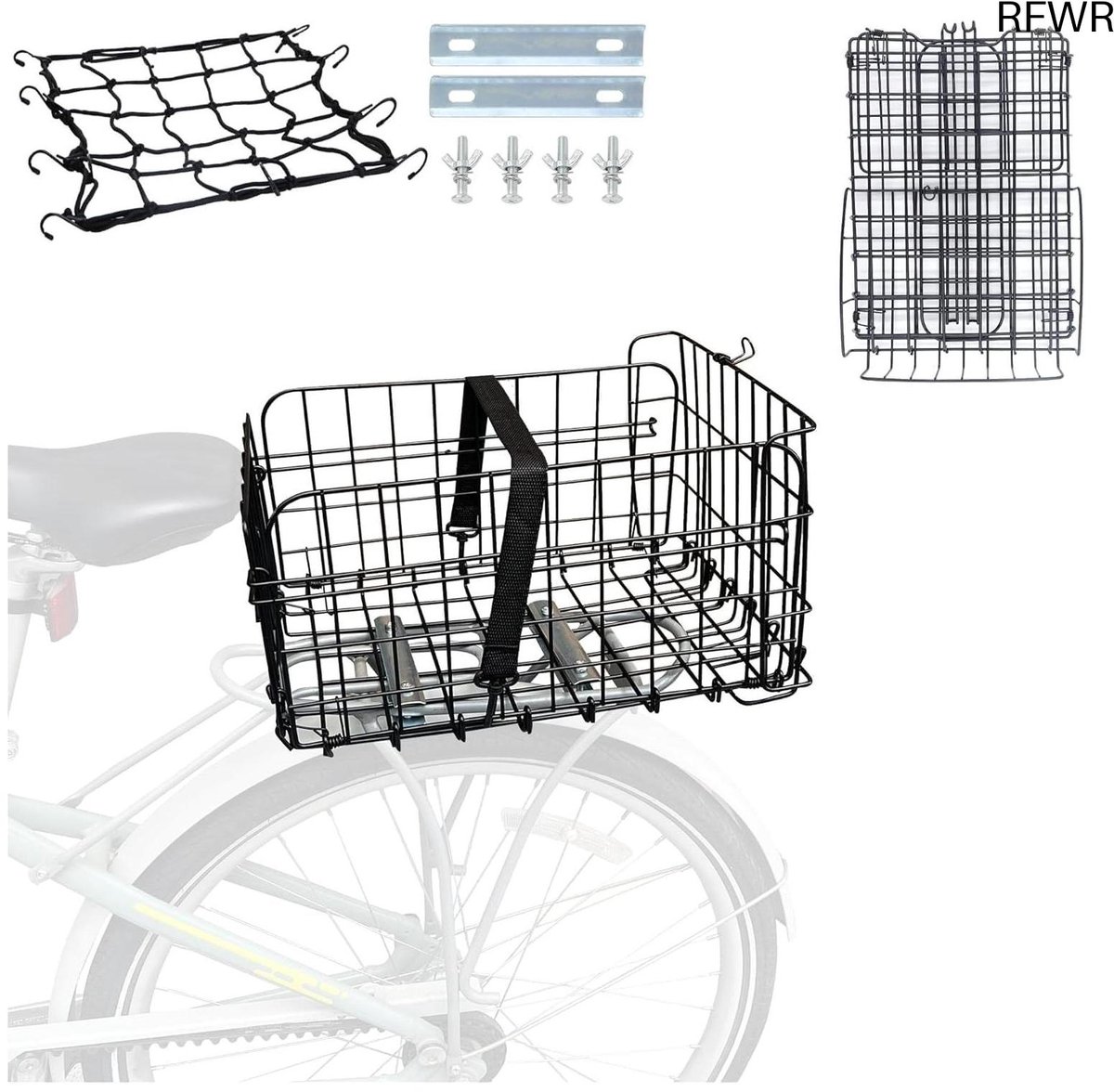 RFWR® Fietsmand Achter - Opvouwbaar Met Bagagenet - Geschikt Voor Bagagedrager - Stabiele Metalen Constructie
