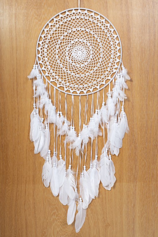 Dromenvanger KIMU Groot Crochet Wit - Dreamcatcher Ressorts Macramé - Bohème Ibiza Enfants Boho Chambre de bébé Extérieur Cadeau Chambre Fille Plumes Festival