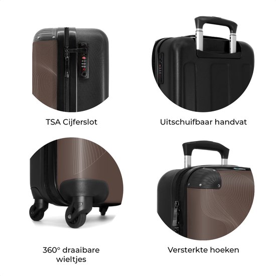 Collage van de bruine handbagagekoffer: TSA-slot, uitschuifbaar handvat, 360° draaibare wieltjes en versterkte hoeken.
