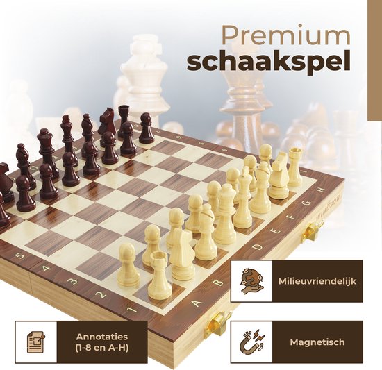 Premium schaakspel van hout met schaakbord en stukken in bruin en beige. Met magnetische basis en annotaties.
