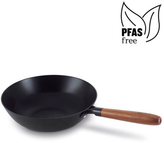 Wok Beka Mandala antiadhésif - Ø 24 cm - Motif unique - Revêtement antiadhésif 100 % sans PFAS - Convient pour l'induction et le BBQ - Fer pressé 100 % recyclé - Revêtement antiadhésif en céramique - Manche en bois avec trou de suspension