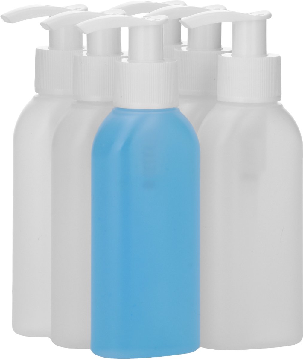 6 x 100 ml Platte fles HDPE naturel + Zeepfles Dispenserpomp wit - BPA Vrij - Niet Breekbaar - Plastic Flesjes Navulbaar - Met Dop - Lege Flessen - 6 stuks
