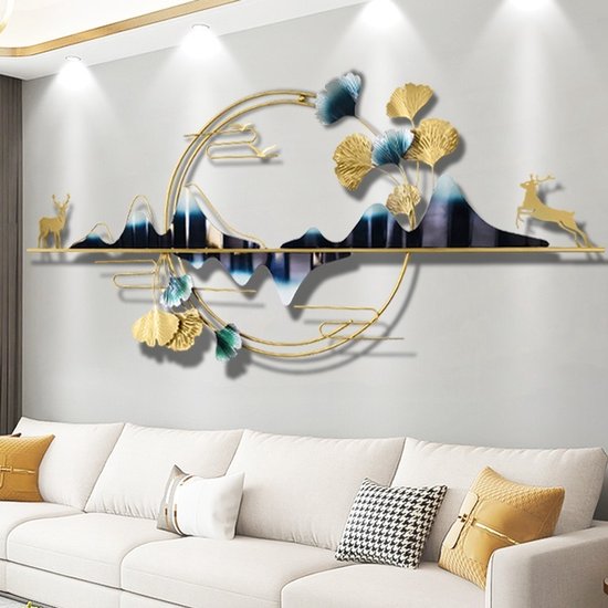 CHIWIN - Décoration murale en métal 3D - Décoration murale de Décoration murale - Art mural Handgemaakt - Design feuille de ginkgo et cerf - Décoration mural moderne - Pour chambre/salon - 130 x 59 cm