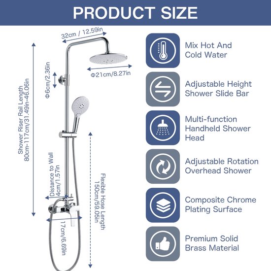 EISL Doucheset EASY FRESH, douchesysteem 2-in-1 met grote regendouche (250 x 200 mm) en handdouche, regendouche zonder armatuur ideaal om achteraf in te bouwen, complete montageset, chroom DX12006