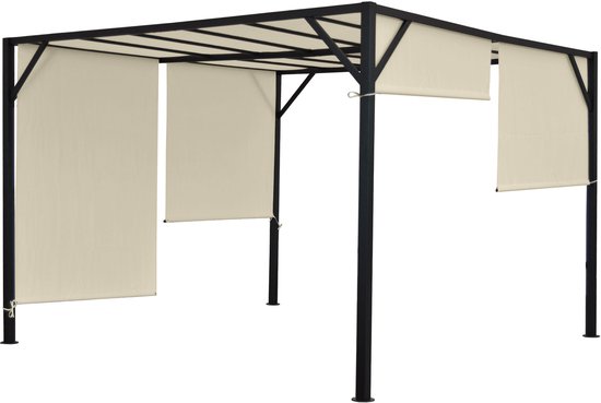 Zwarte pergola met crèmekleurige zonwering, 4 palen en een verstelbaar dak.