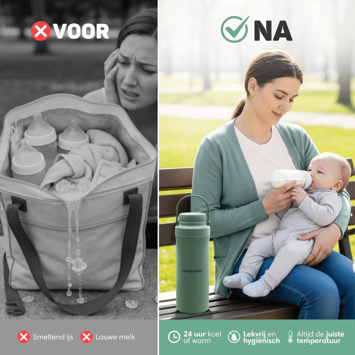 Vulpes Goods® BabyCare - Melkkoeler voor Onderweg - Draagbare Moedermelkkoeler - RVS Fles 750ml + 2x 300ml BPA-vrije Flesjes – Tot 24u Koeling – Draagbare Moedermelk Koeler – Zonder Stroom of IJs – Compact & Lekvrij — cadeau in Cadeau-ideeën - foto 8