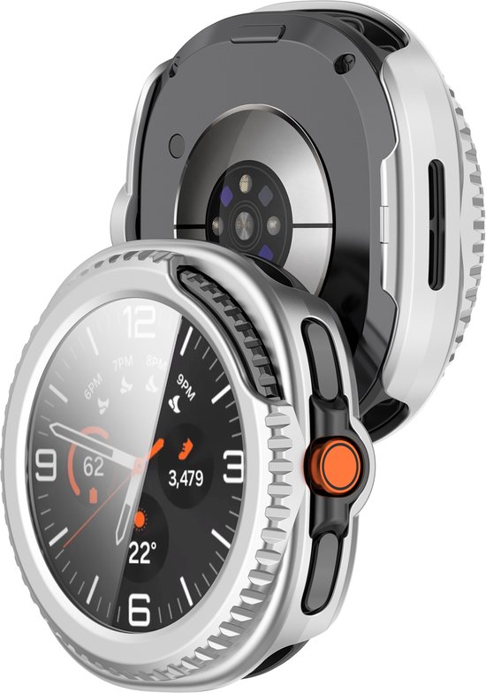 Zilverkleurig hoesje met een gehard glas screenprotector voor een Samsung Galaxy Watch 8 Classic 46mm. De achterkant met sensoren is zichtbaar.