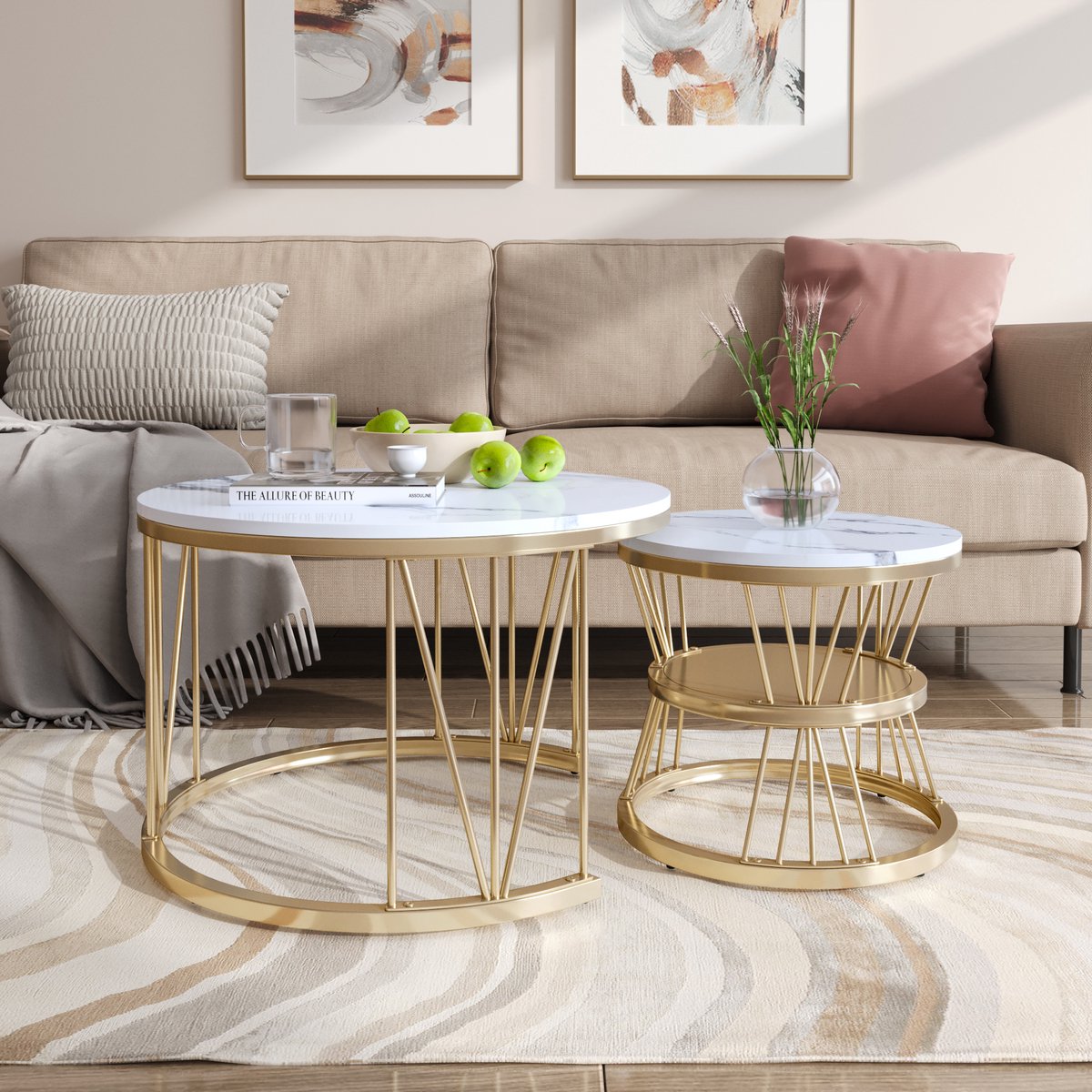 2 ronde salontafels, 70x45cm, 45x45cm, tafel met wit blad en zwarte pootondersteuning, ronde salontafel ingebouwd in de zijkant van de bank (wit blad + gouden poot)