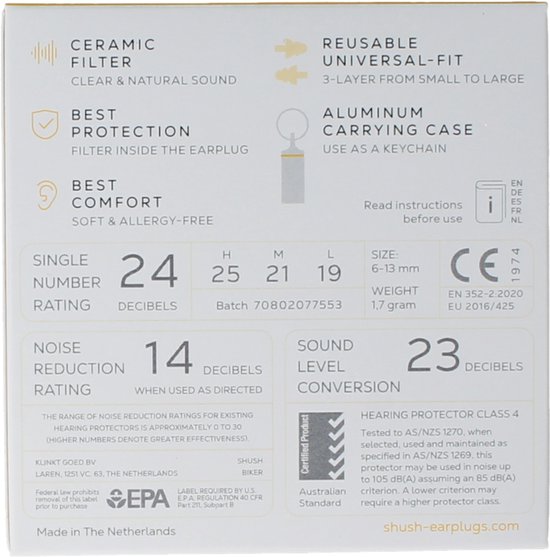 Shush Biker Earplugs - Motor oordoppen van synthetisch rubber - 365x herbruikbaar - Gehoorbescherming tegen windruis op de motor - Keramisch filter met de beste prestaties (SNR 24 dB)
