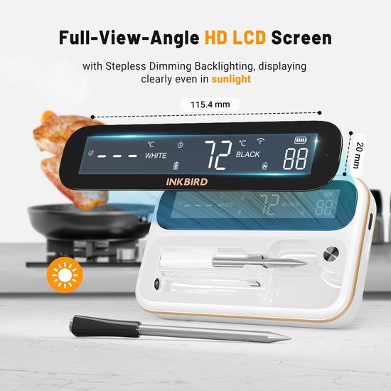 Wit apparaat met een breed LCD-scherm dat duidelijk temperaturen weergeeft. Een losse sensor is zichtbaar.