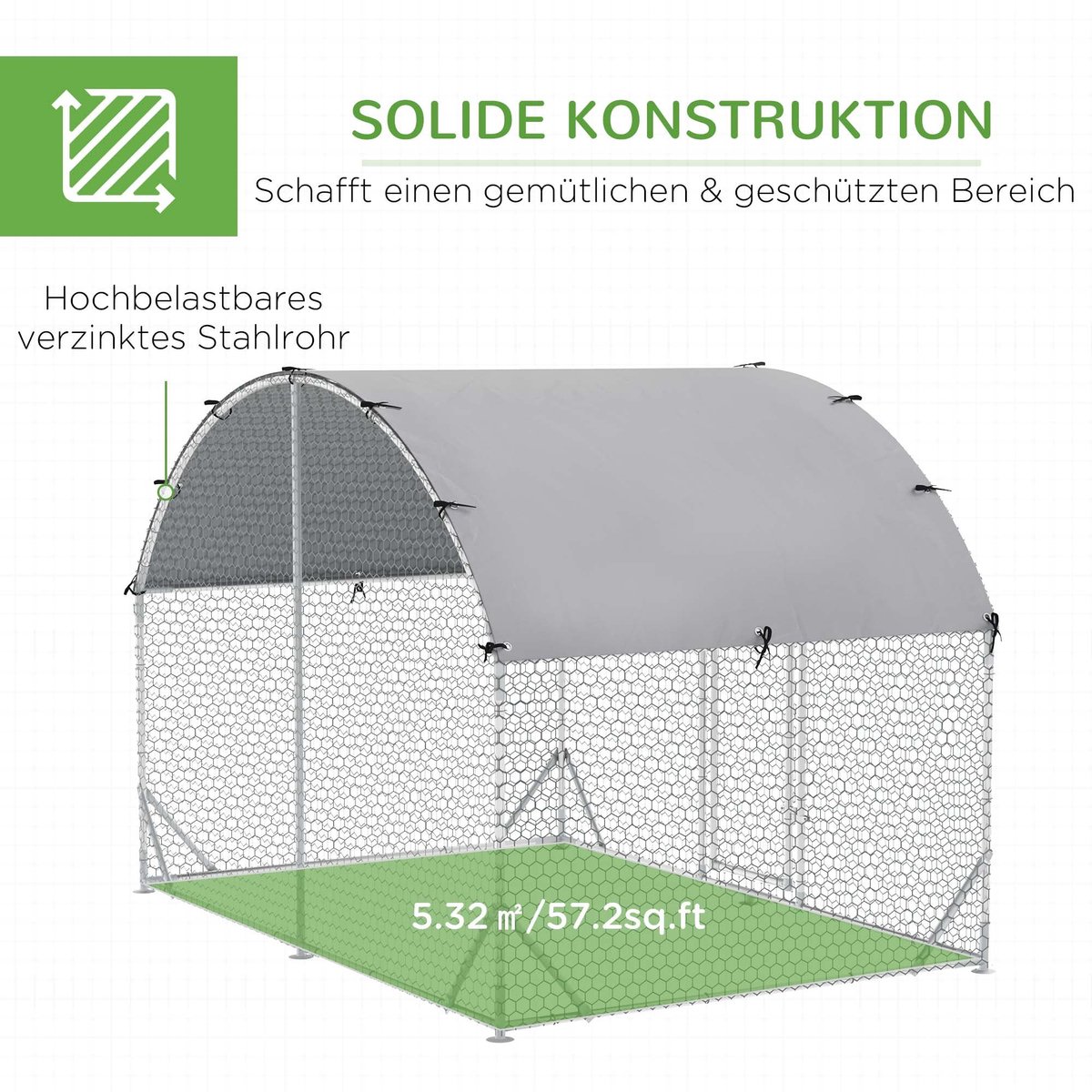 Merax Kippenren Buiten 280x190x197 cm – Hondenren of Kippenhok met UV-bestendige Overkapping – Groot Buitenhok Voor 4-6 Kippen of Kleindieren – Verzinkt Staal – Zilver thumbnail 3