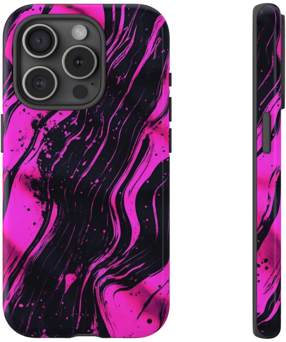 Neonroze en Zwart Abstract Patroon – Telefoonhoesje Geschikt voor iPhone 15 Pro