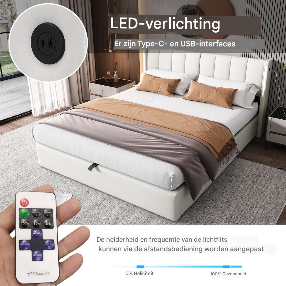 VVBV Bed met opbergruimte 180x200 / Tweepersoonsbed 180x200 – met Hydraulische Opbergruimte, LED-Verlichting, USB, USB-C, Lattenbodem – Hoofdbord – Wit