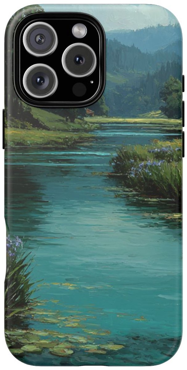 Blauwe Iris Rivierlandschap – Telefoonhoesje Geschikt voor iPhone 16 Pro Max