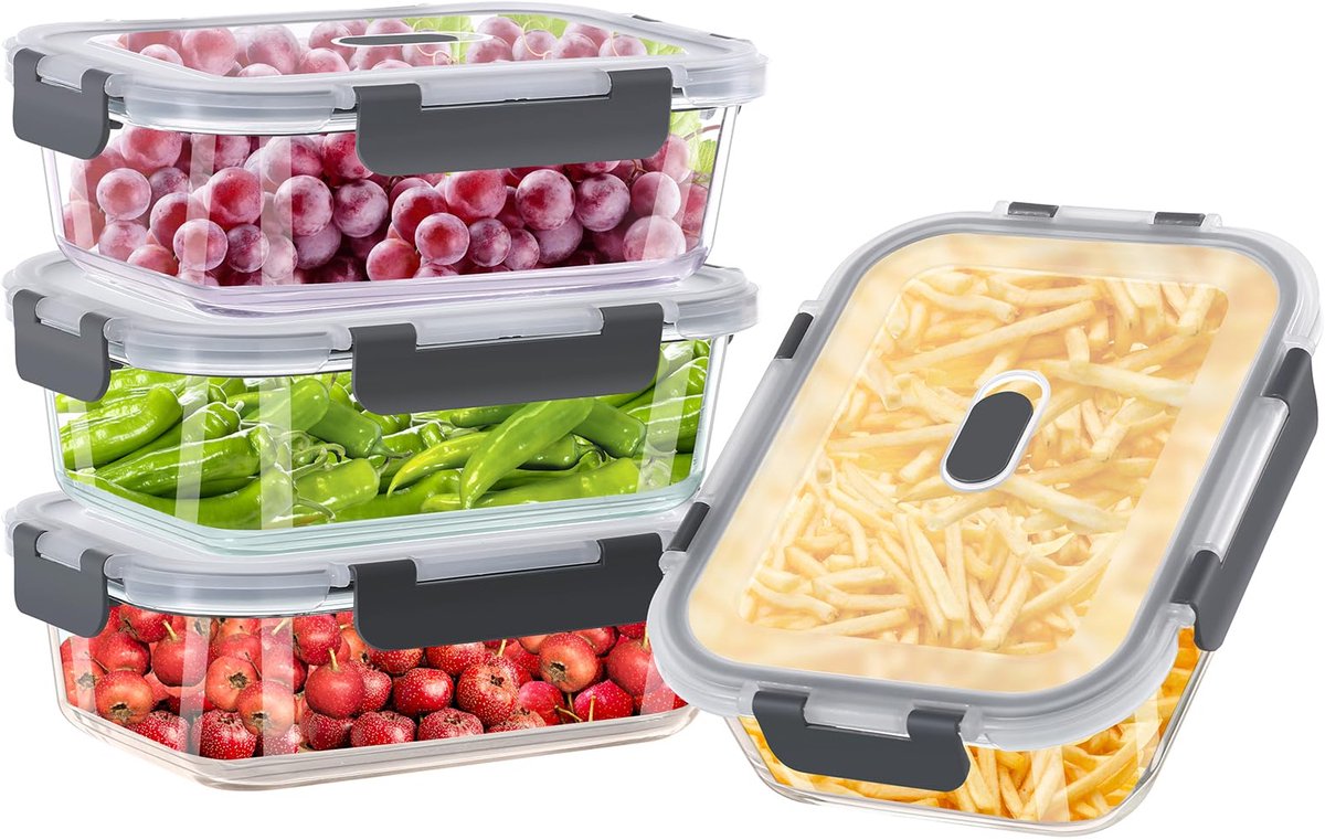 TDSYDS Glazen voedselcontainers set van 8 stuks (4 containers + 4 deksels), glazen containers met deksels, magnetron-, vaatwasser- en vriezerbestendig - maaltijdvoorbereidingsdozen van glas