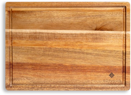 Planche à découper SOPHIOR en bois d'acacia - Planche à découper en bois pour la Cuisine - Planche à découper avec rainure pour le jus - Bois 100 % durable certifié FSC - Accessoires BBQ - Planches à découper - 35 cm x 25 cm x 2 cm