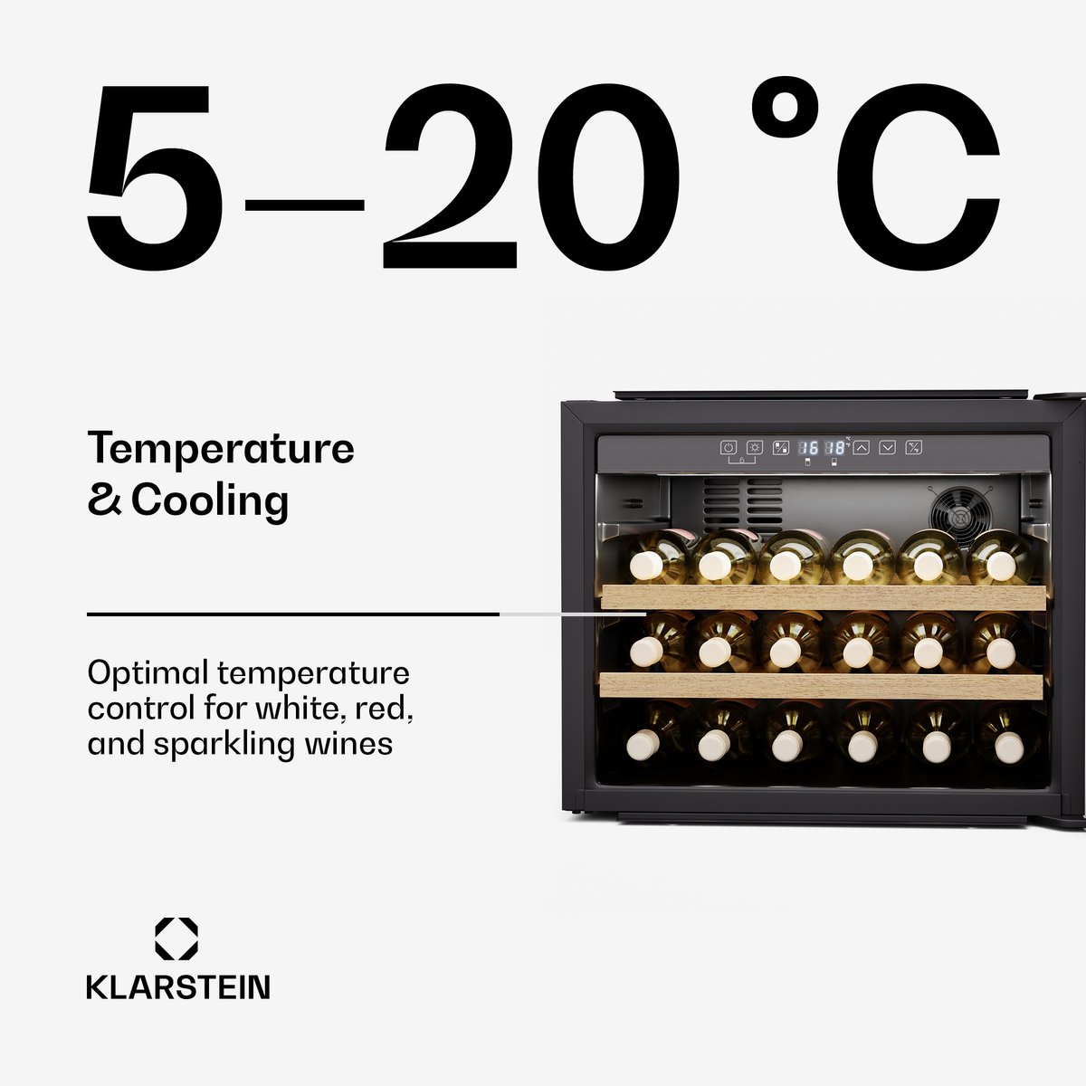 Klarstein Wijnkoeler Rhone 28 Uno - 28 flessen, 1 zone, 5-20 °C, LED-bediening, push-to-open deur, UV-bescherming, stille werking, zwart - Wijnkoelkast - 62L 40 dB - voor Wijnliefhebber voor Bar - Glazen Deur Houten Schappen van Klarstein