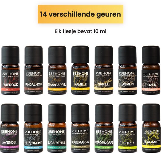 2BEHOME Etherische Olie Set - 14 Geuren - Lavendel, Vanille, Eucalyptus en meer - Essentiële olie voor Aromatherapie - Essential oil - Geurolie voor Aromadiffuser - Etherische Olie Lavendel