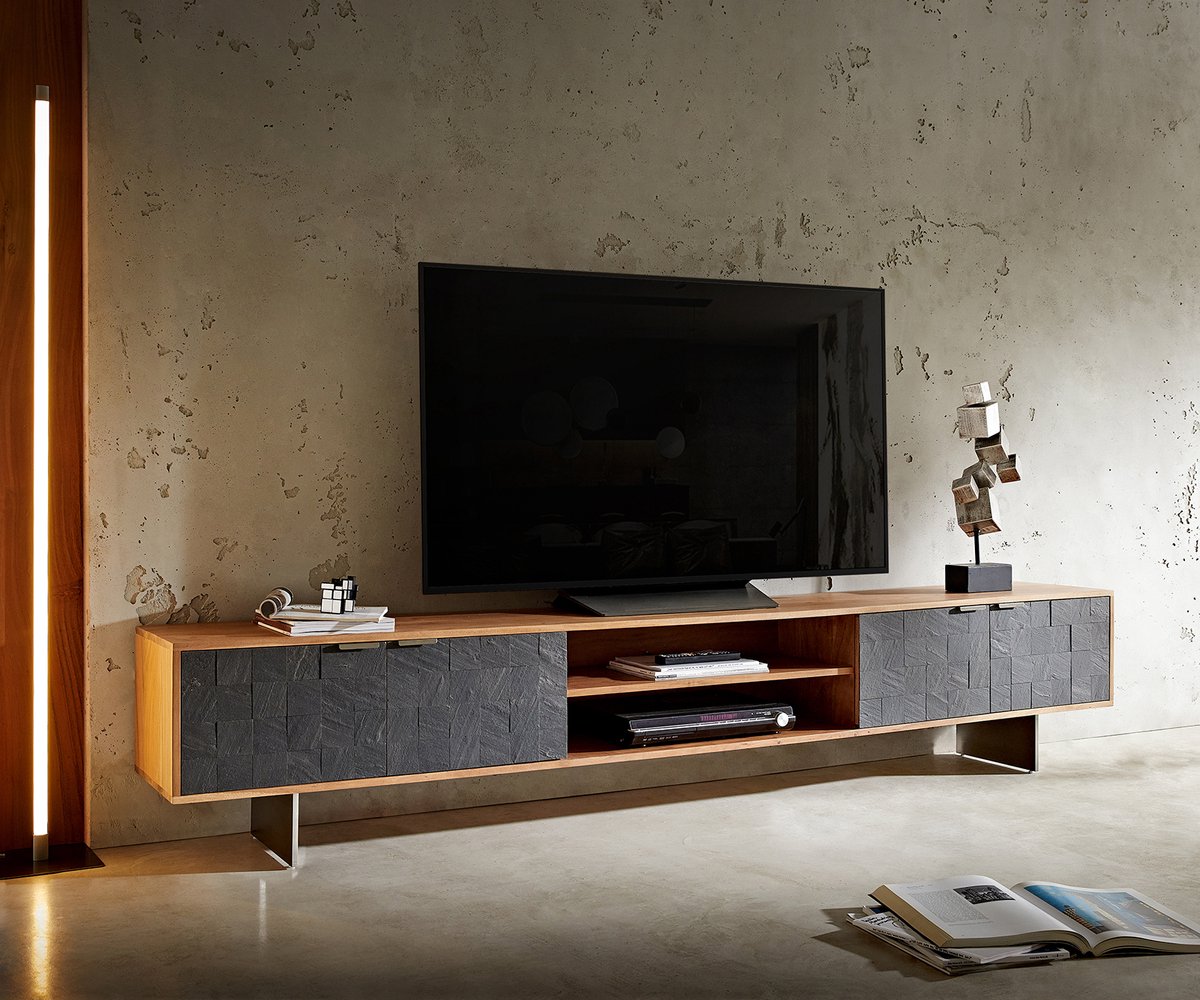 DELIFE TV-meubel Teele Acacia natuurleisteen 240 cm 4 deurs poot zwevend roestvrij staal Bruin