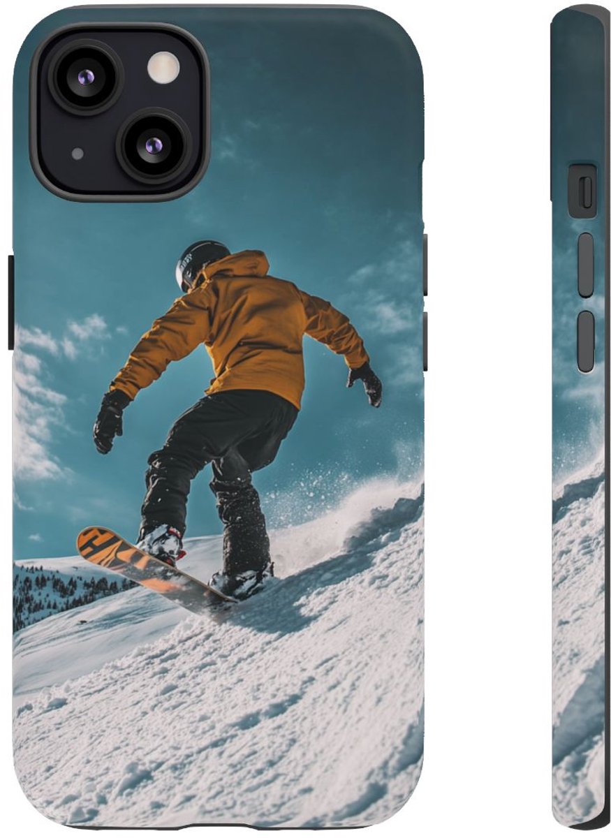 Snowboarder in Gele Jas op Besneeuwde Hellings – Telefoonhoesje Geschikt voor iPhone 13