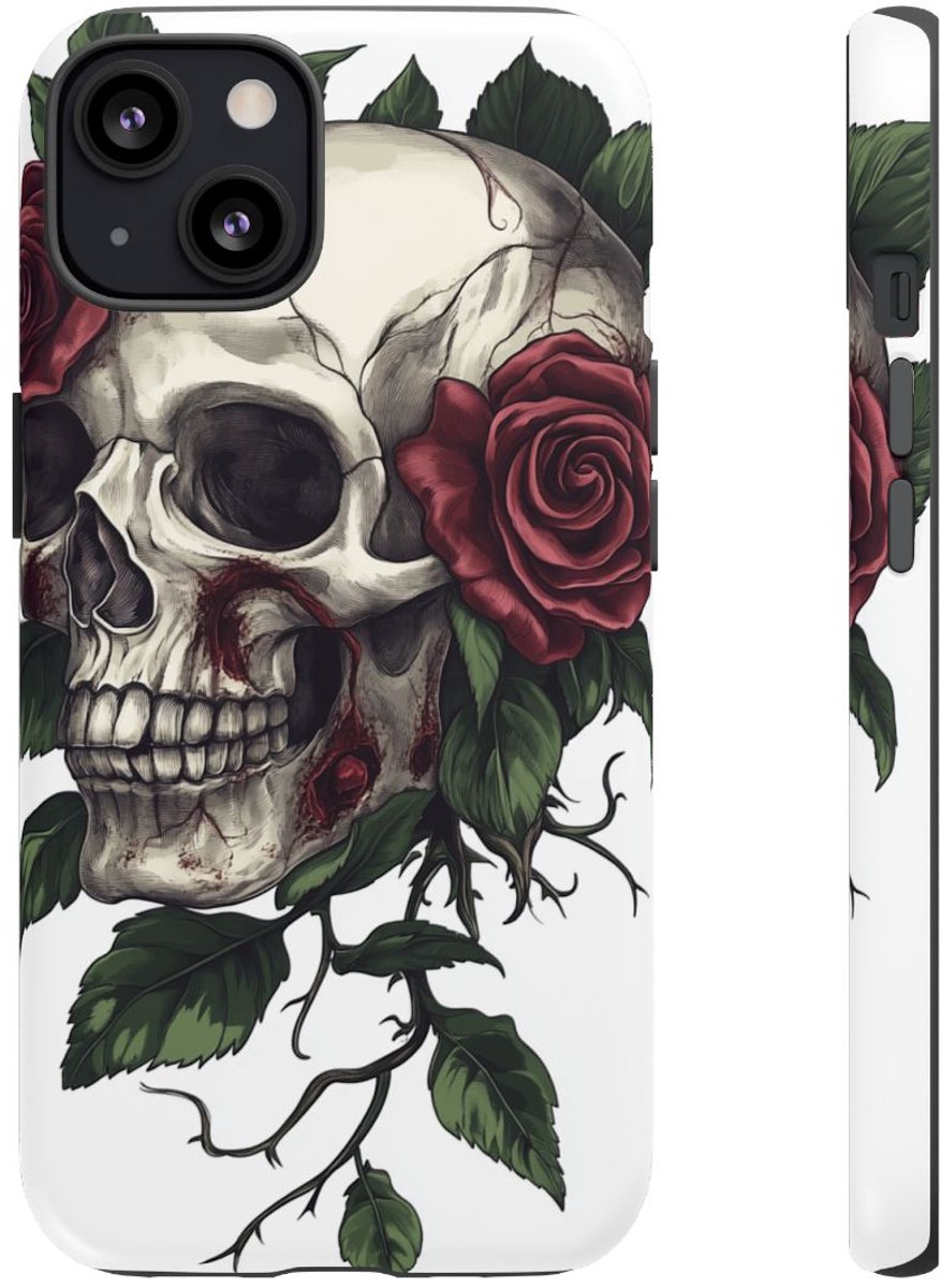 Schedel met Rode Rozen en Bladeren – Telefoonhoesje Geschikt voor iPhone 13
