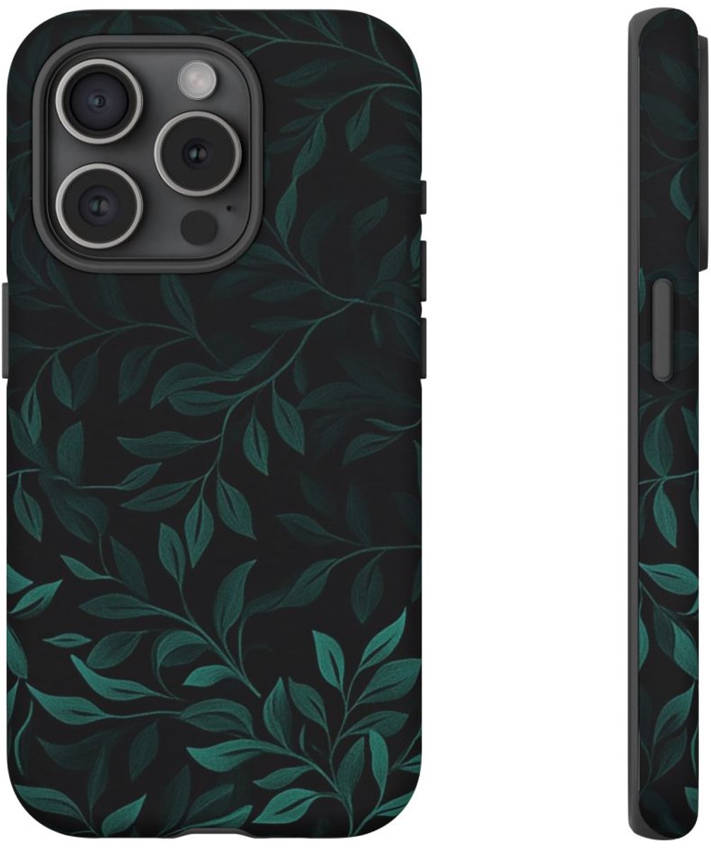 Zwart en Donkergroen Bladerenpatroon – Mat Stevig Hoesje Geschikt voor iPhone 15 Pro