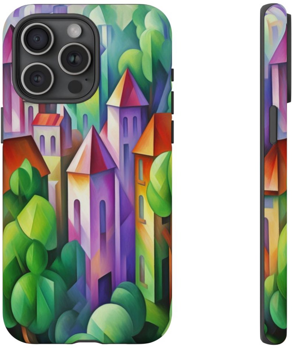 Kleurrijk Abstract Dorpstafereel – Telefoonhoesje Geschikt voor iPhone 15 Pro Max
