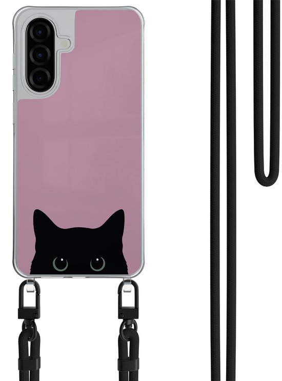 Coque de téléphone rose avec imprimé de chat noir, avec un cordon crossbody noir.