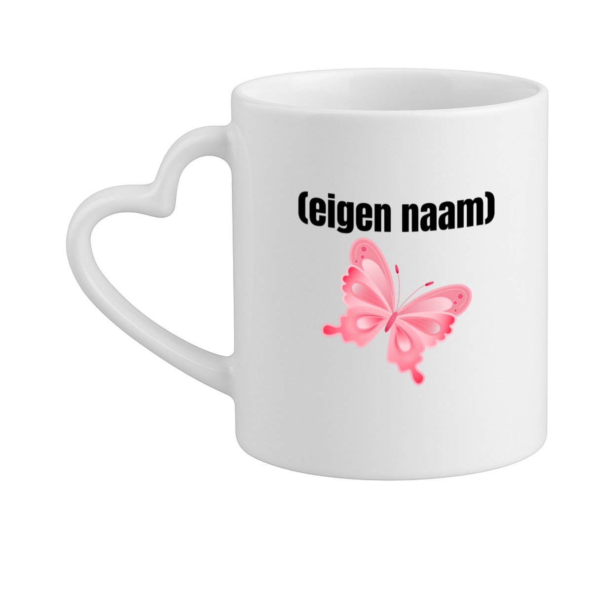 Hacebo® - roze vlinder met eigen naam koffiebeker met hart oor wit - Vlinder - dieren liefhebber - thee mok - koffie beker - iemand die houdt van vlinders - verjaardag - cadeau - kado - geschenk - koffiemok - 330 ML