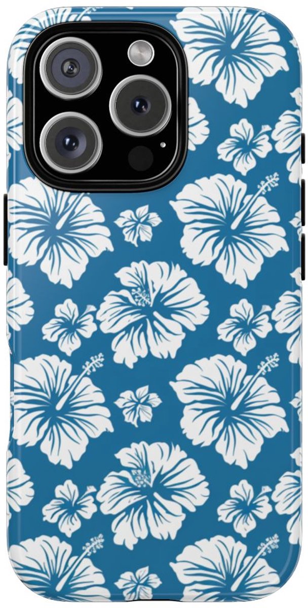 Wit Hawaïaans Bloemenpatroon op Blauw – Telefoonhoesje Geschikt voor iPhone 16 Pro