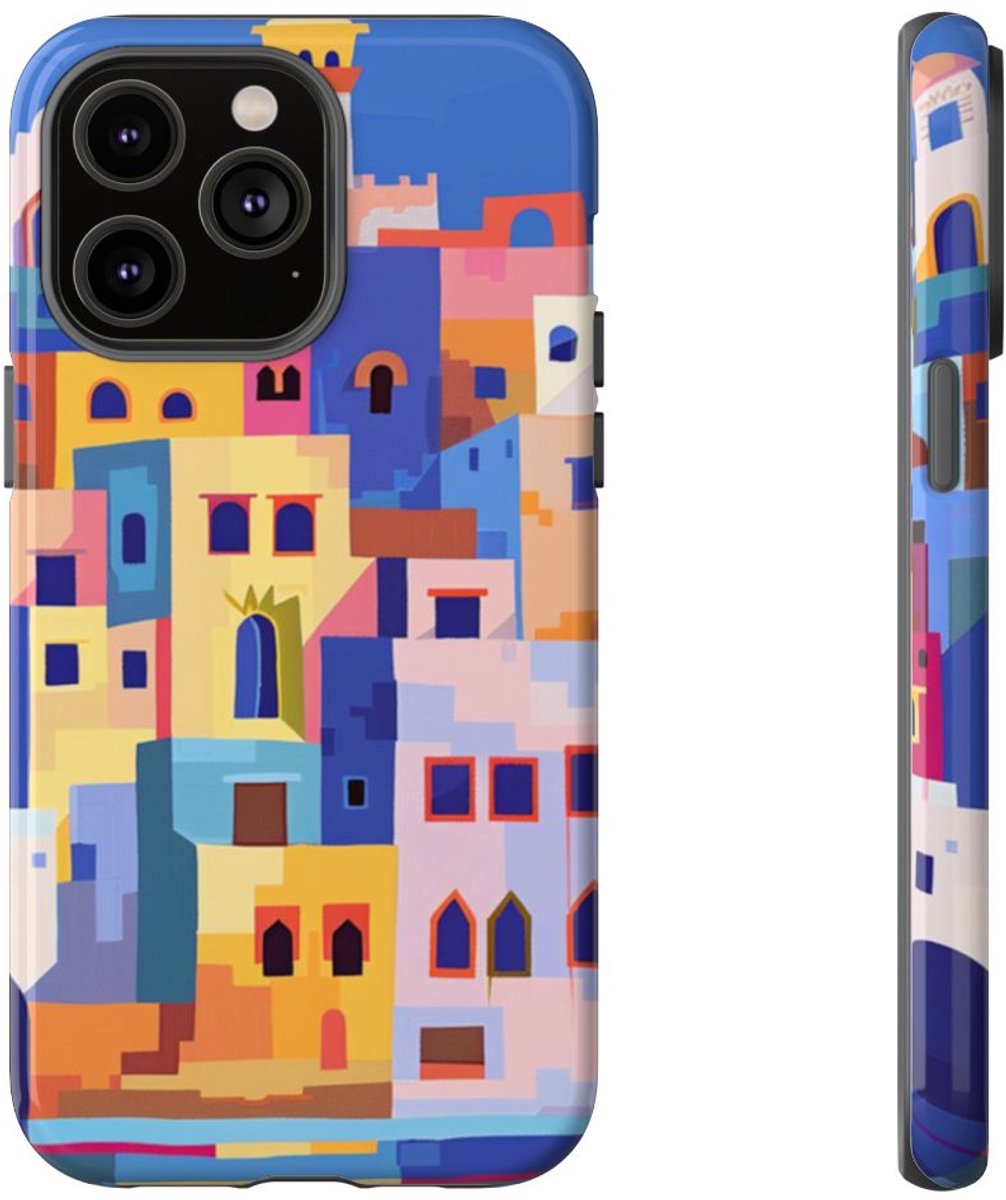 Kleurrijke Illustratie van een Kuststad – Telefoonhoesje Geschikt voor iPhone 14 Pro Max