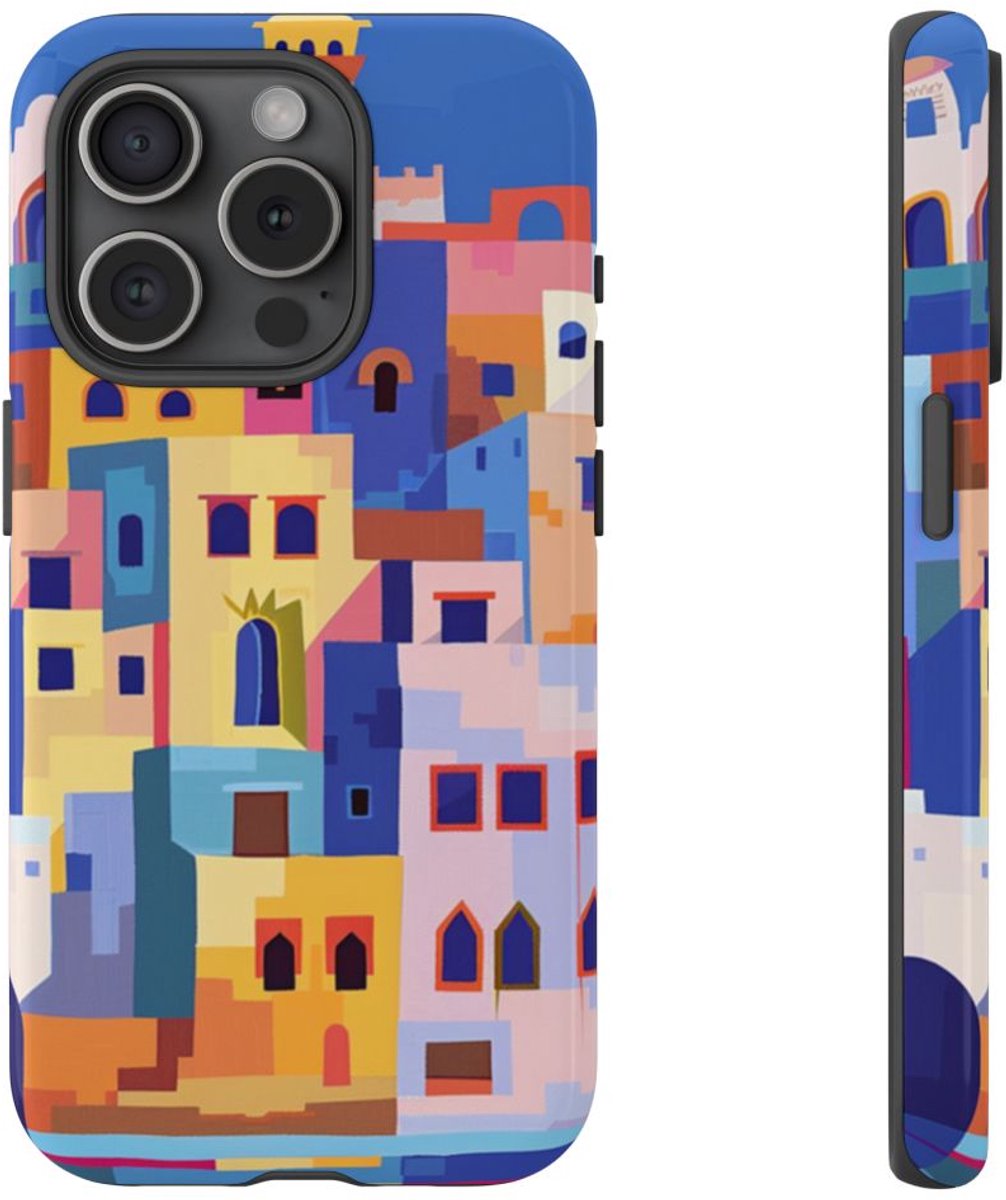 Kleurrijke Illustratie van een Kuststad – Telefoonhoesje Geschikt voor iPhone 15 Pro