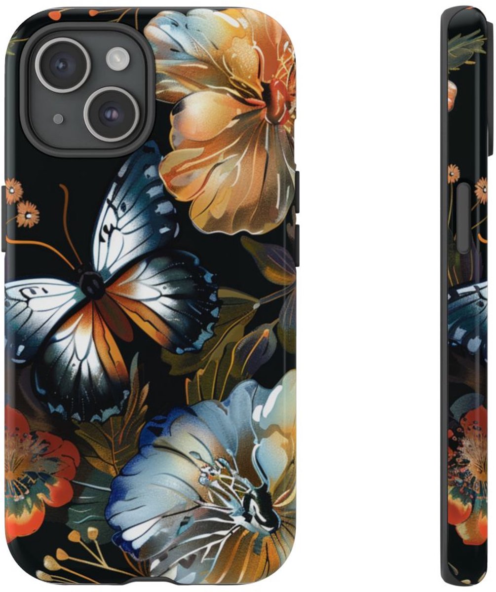 Vlinders en Bloemenpatroon op Zwart – Telefoonhoesje Geschikt voor iPhone 15
