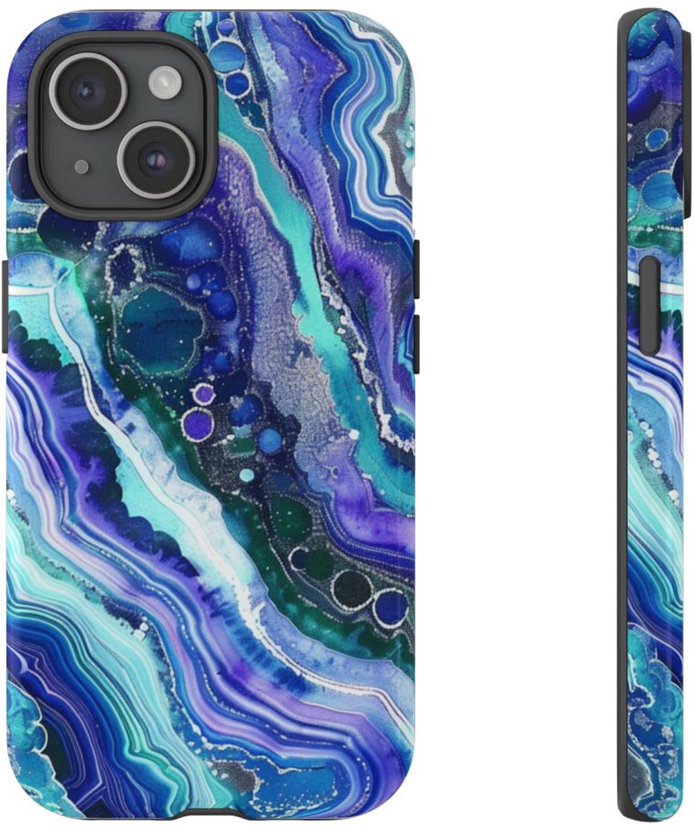 Blauw en Paars Geode-Wervelpatroon – Telefoonhoesje Geschikt voor iPhone 15