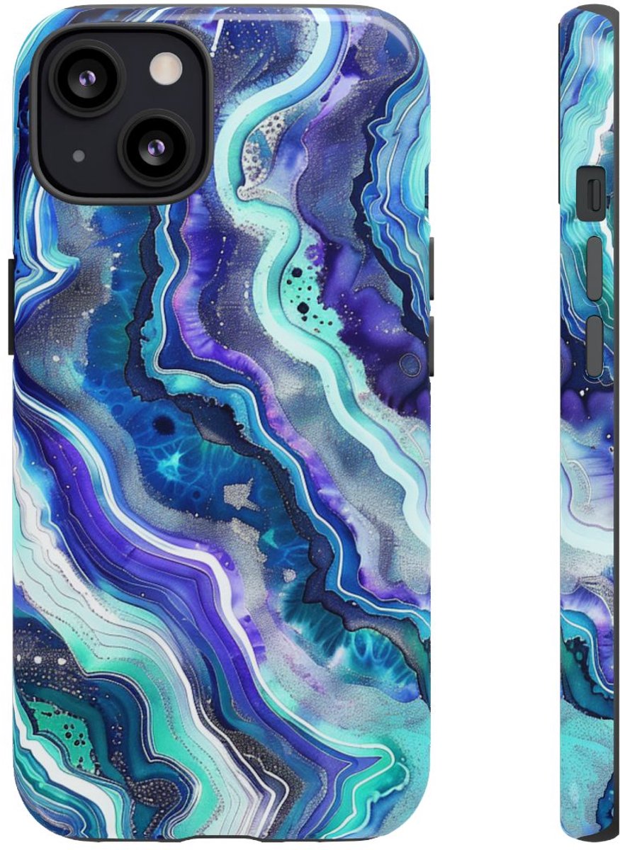 Blauw en Turquoise Geode Wervelpatroon – Telefoonhoesje Geschikt voor iPhone 13